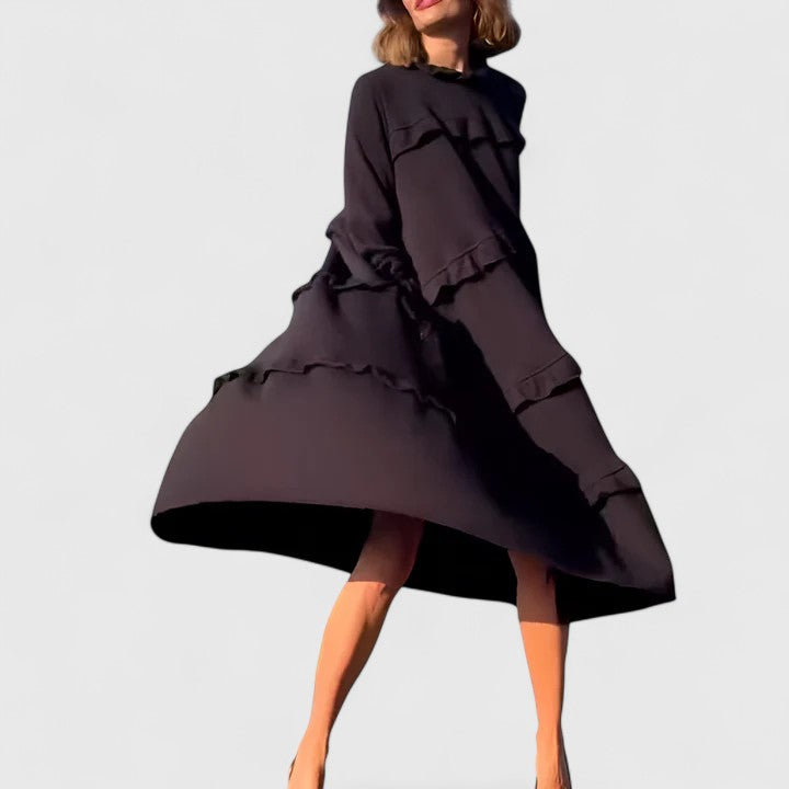 Darby | Women's Black Stretch Tiered Ruffle Long Sleeve Midi Dress Carol & Margaret Wilmington