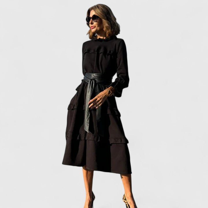 Darby | Women's Black Stretch Tiered Ruffle Long Sleeve Midi Dress Carol & Margaret Wilmington