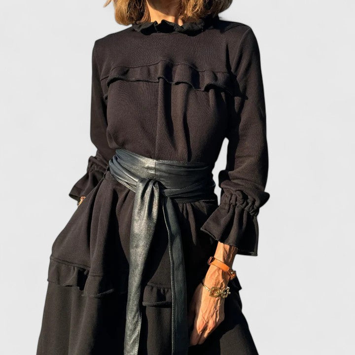 Darby | Women's Black Stretch Tiered Ruffle Long Sleeve Midi Dress Carol & Margaret Wilmington