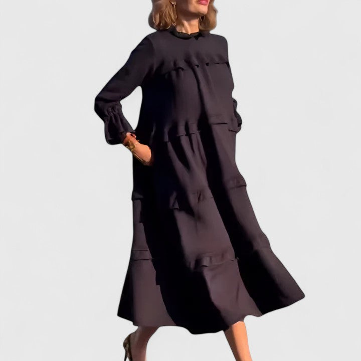 Darby | Women's Black Stretch Tiered Ruffle Long Sleeve Midi Dress Carol & Margaret Wilmington
