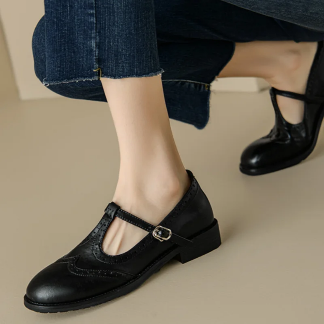 Darcy | Women's Leather Brogue T-Strap Low Heel Mary Jane Shoes Carol & Margaret Wilmington