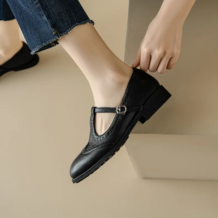 Darcy | Women's Leather Brogue T-Strap Low Heel Mary Jane Shoes Carol & Margaret Wilmington