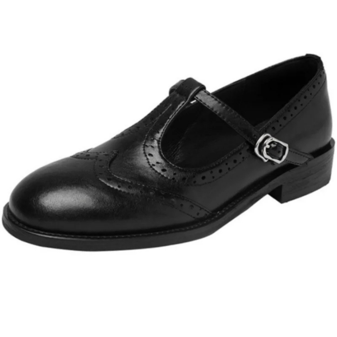 Darcy | Women's Leather Brogue T-Strap Low Heel Mary Jane Shoes Carol & Margaret Wilmington
