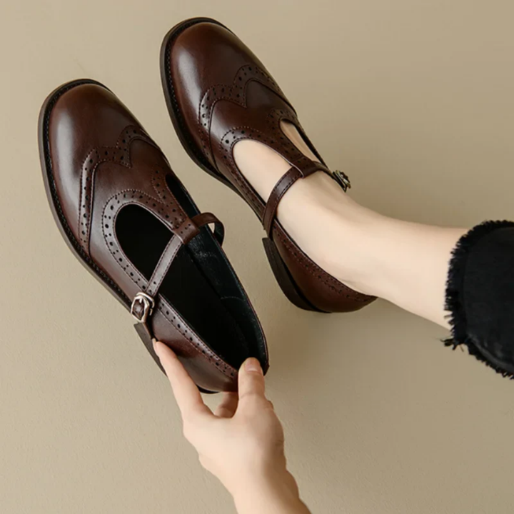 Darcy | Women's Leather Brogue T-Strap Low Heel Mary Jane Shoes Carol & Margaret Wilmington