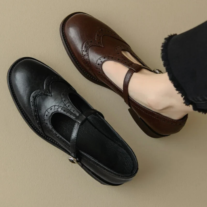 Darcy | Women's Leather Brogue T-Strap Low Heel Mary Jane Shoes Carol & Margaret Wilmington