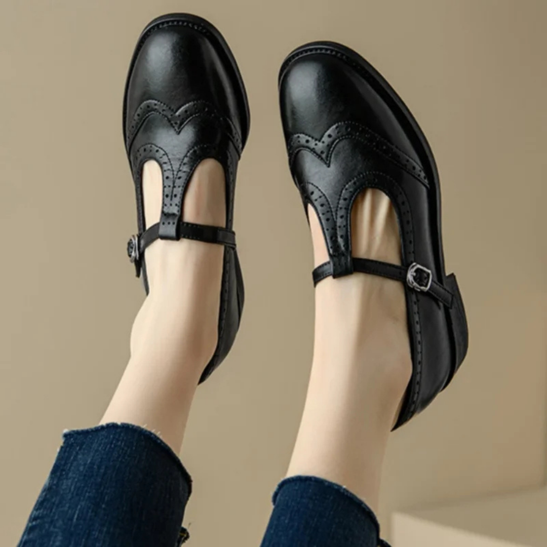 Darcy | Women's Leather Brogue T-Strap Low Heel Mary Jane Shoes Carol & Margaret Wilmington