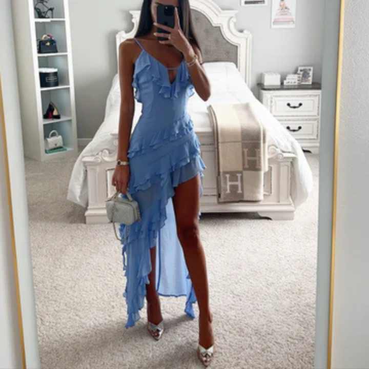 Delphine | Women's Blue Chiffon Ruffle V-Neck Spaghetti Strap Hi-Low Dress Carol & Margaret Wilmington