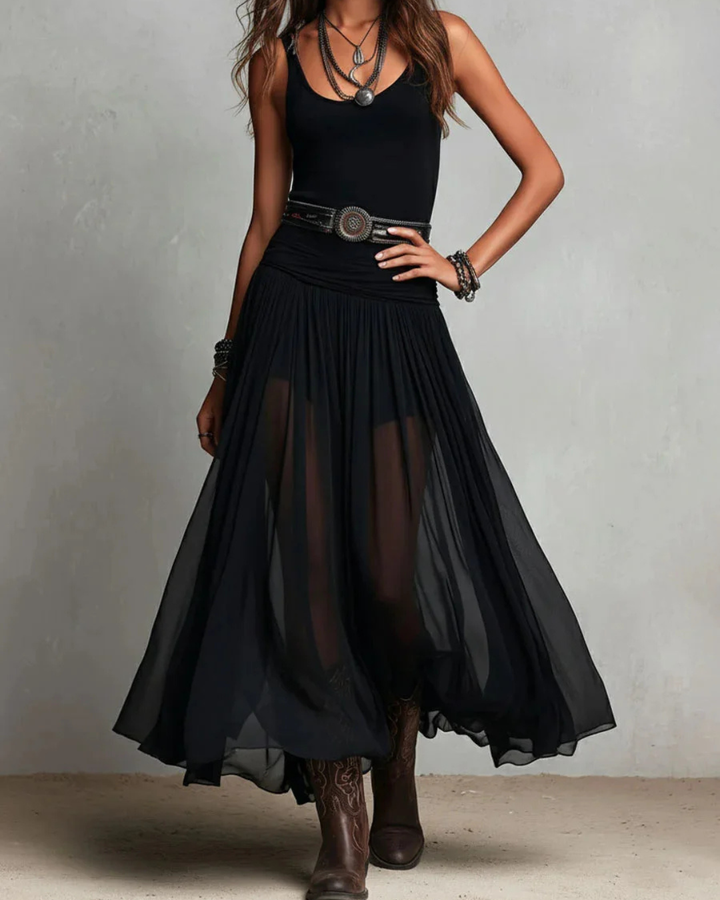 Woman wearing double layer maxi dress with belt
