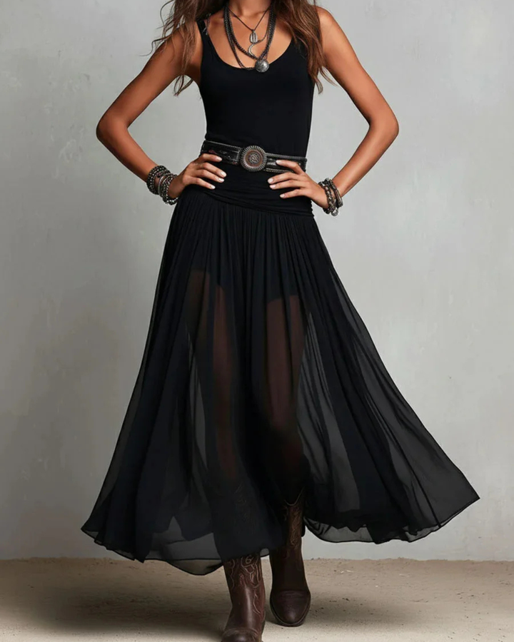 Woman wearing double layer maxi dress with belt