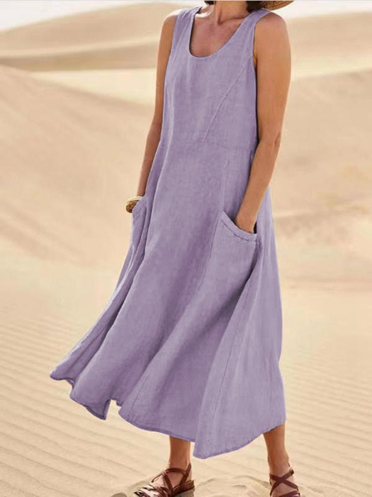 Dune | Women's Linen Sleeveless Pocket Scoop-Neck Midi Dress Carol & Margaret Wilmington