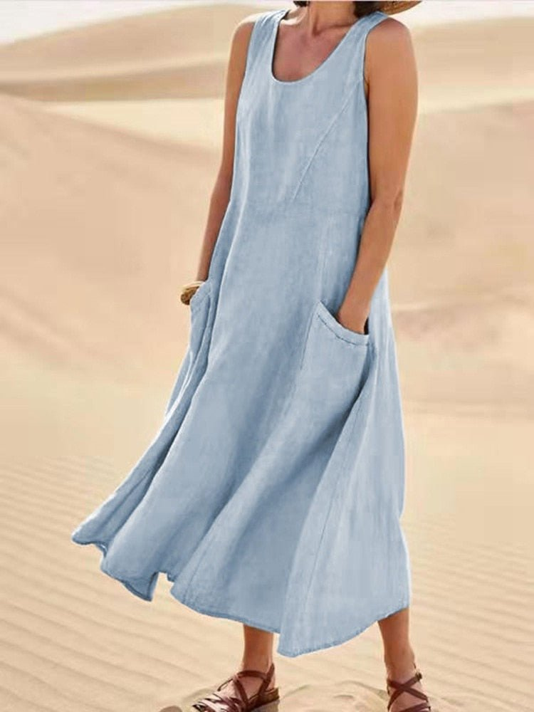 Dune | Women's Linen Sleeveless Pocket Scoop-Neck Midi Dress Carol & Margaret Wilmington