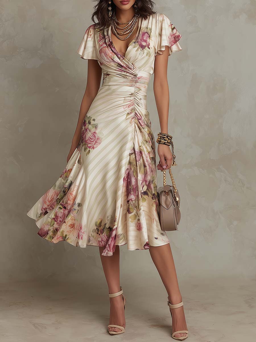 Evangeline | Women's Satin Fit-and-Flare V-Neck Flutter-Sleeve Dress