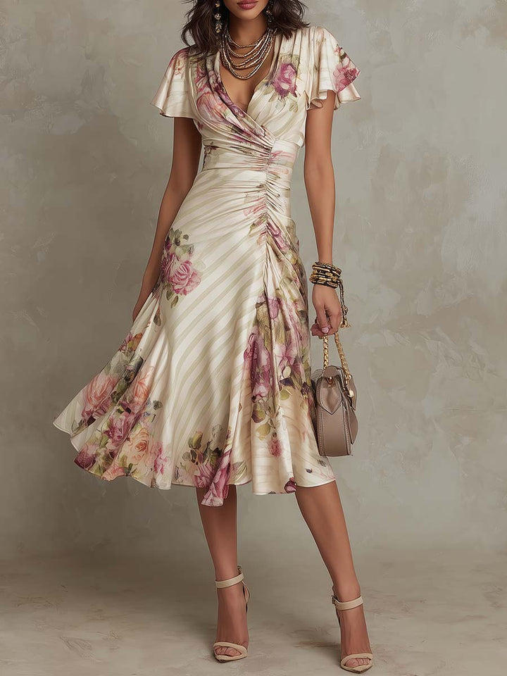 Evangeline | Women's Satin Fit-and-Flare V-Neck Flutter-Sleeve Dress