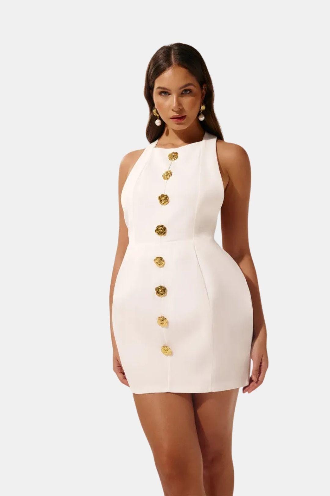Jayleen | Women's Gold Button Fitted Sleeveless Mini Dress