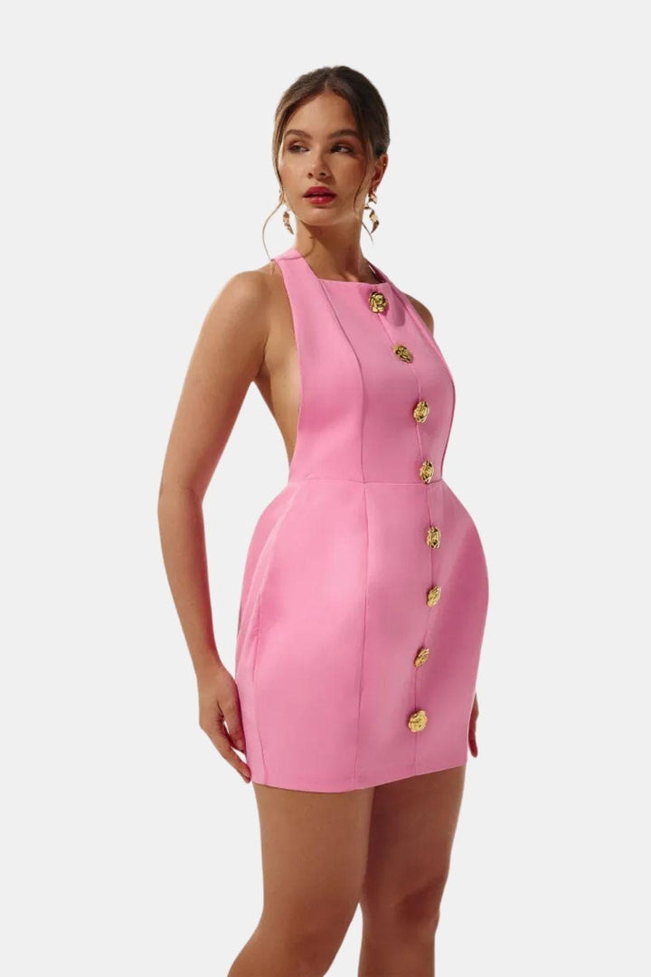 Jayleen | Women's Gold Button Fitted Sleeveless Mini Dress
