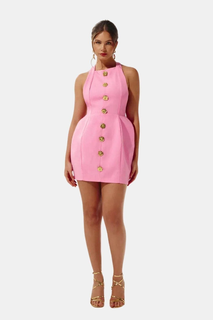 Jayleen | Women's Gold Button Fitted Sleeveless Mini Dress