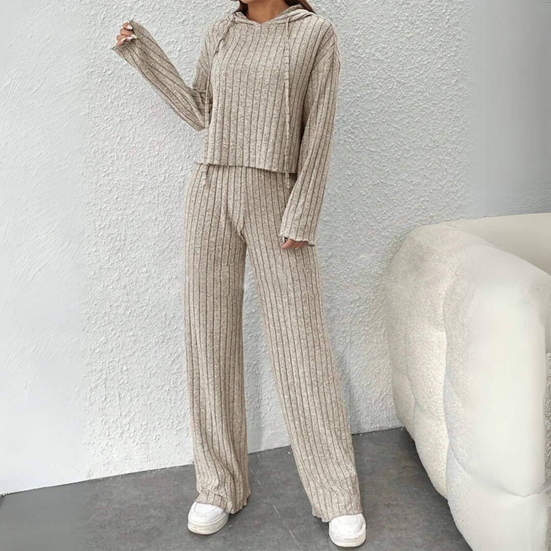 Chantel | Womens Casual Knit Co Ord Set With Hooded Top and Wide Leg Trousers