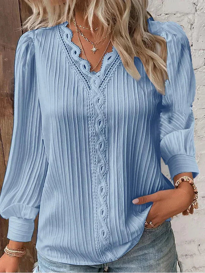 Alexandria | Womens Long Sleeve Blouse With Lace Trim Puff Sleeves