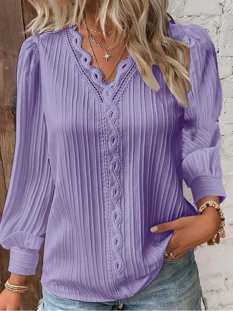 Alexandria | Womens Long Sleeve Blouse With Lace Trim Puff Sleeves