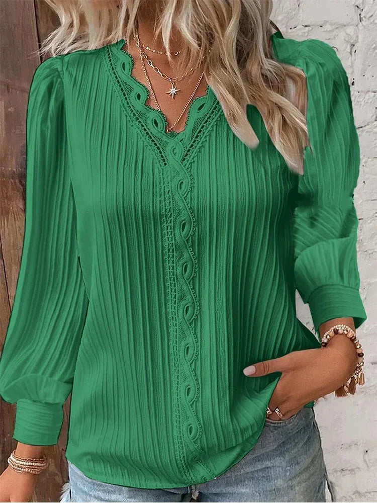 Alexandria | Womens Long Sleeve Blouse With Lace Trim Puff Sleeves