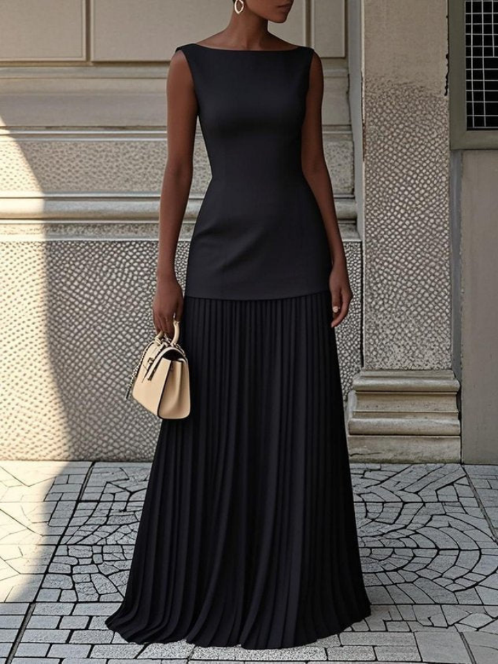 Elodie | Women's Stretch Chiffon Pleated Skirt Boat Neck Maxi Dress Carol & Margaret Wilmington