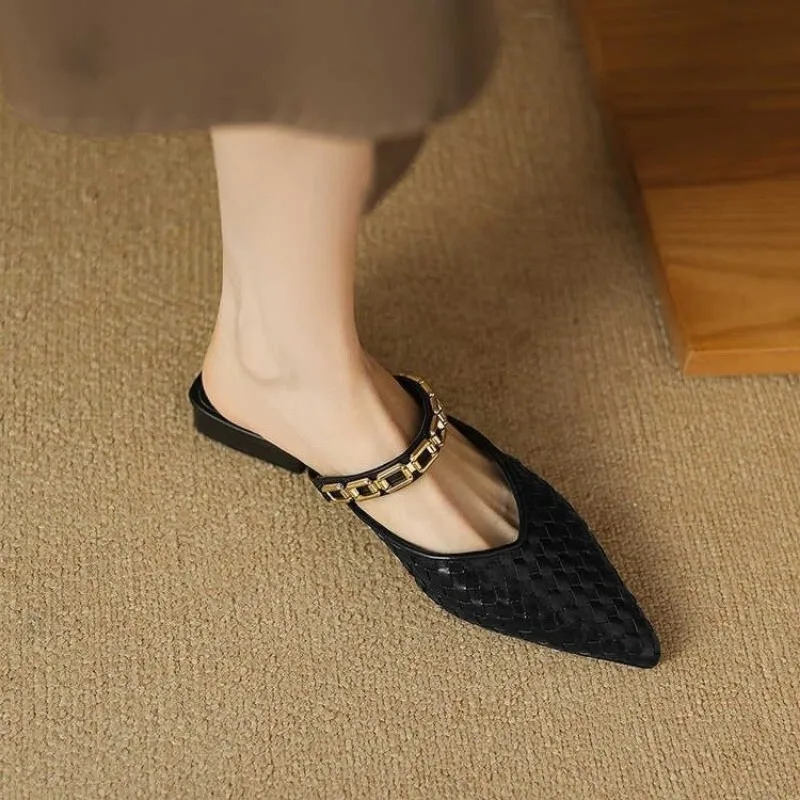 Elowen | Women's Black Leather Chain Strap Pointed Toe Flat Mules Carol & Margaret Wilmington