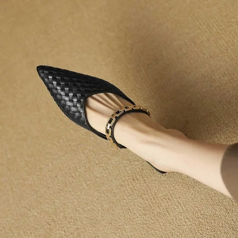 Elowen | Women's Black Leather Chain Strap Pointed Toe Flat Mules Carol & Margaret Wilmington