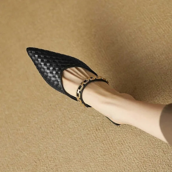 Elowen | Women's Black Leather Chain Strap Pointed Toe Flat Mules Carol & Margaret Wilmington