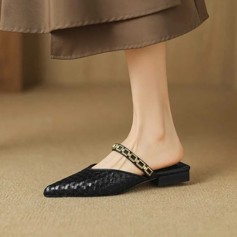 Elowen | Women's Black Leather Chain Strap Pointed Toe Flat Mules Carol & Margaret Wilmington