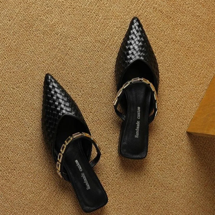 Elowen | Women's Black Leather Chain Strap Pointed Toe Flat Mules Carol & Margaret Wilmington