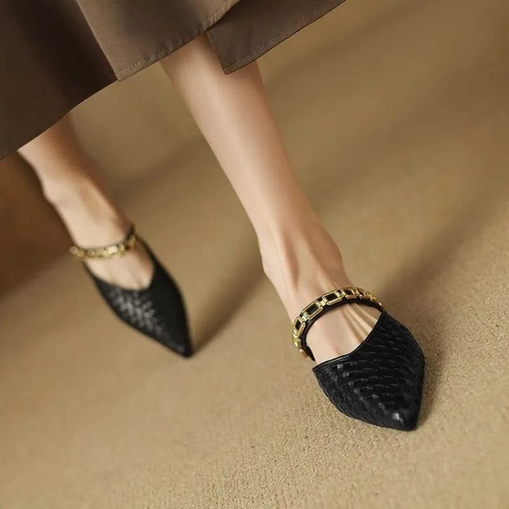 Elowen | Women's Black Leather Chain Strap Pointed Toe Flat Mules Carol & Margaret Wilmington