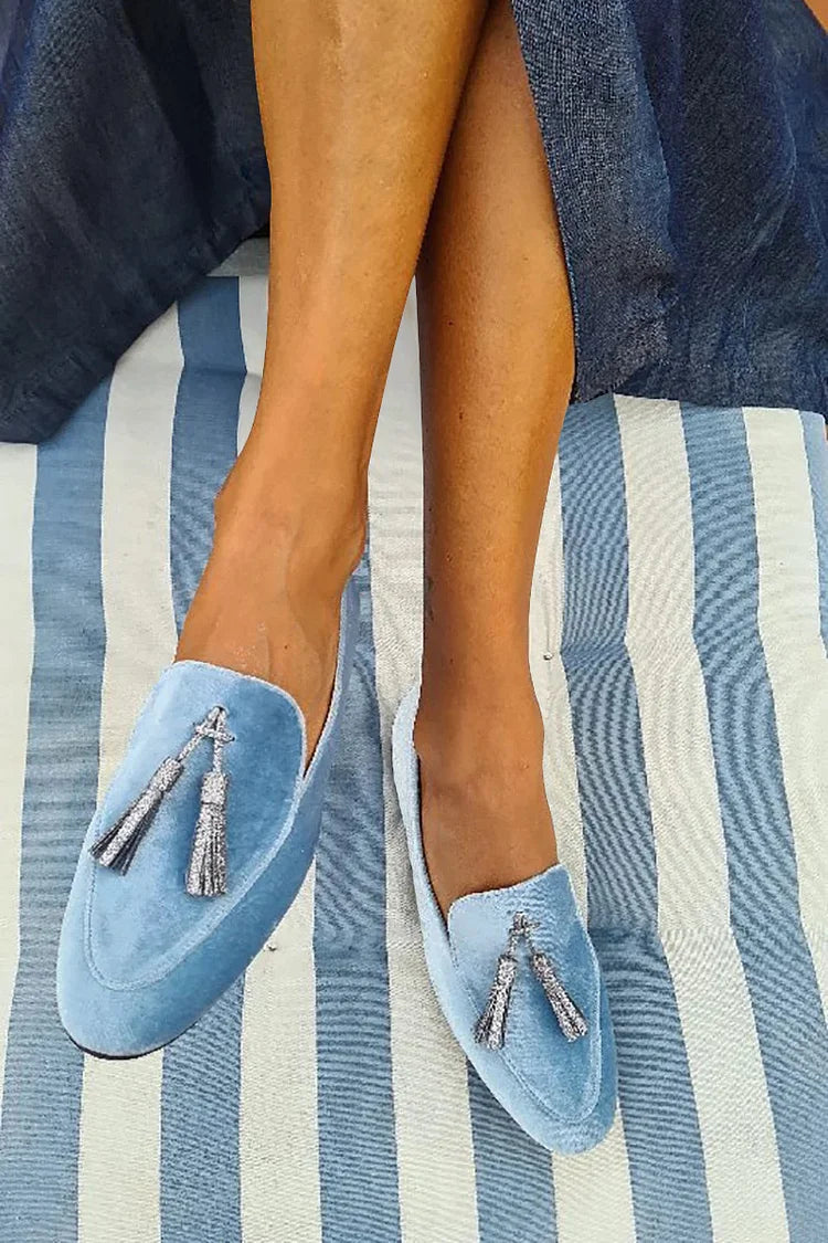 Elowen | Women's Blue Suede Tassel Pointed-Toe Slip-On Loafers Carol & Margaret Wilmington