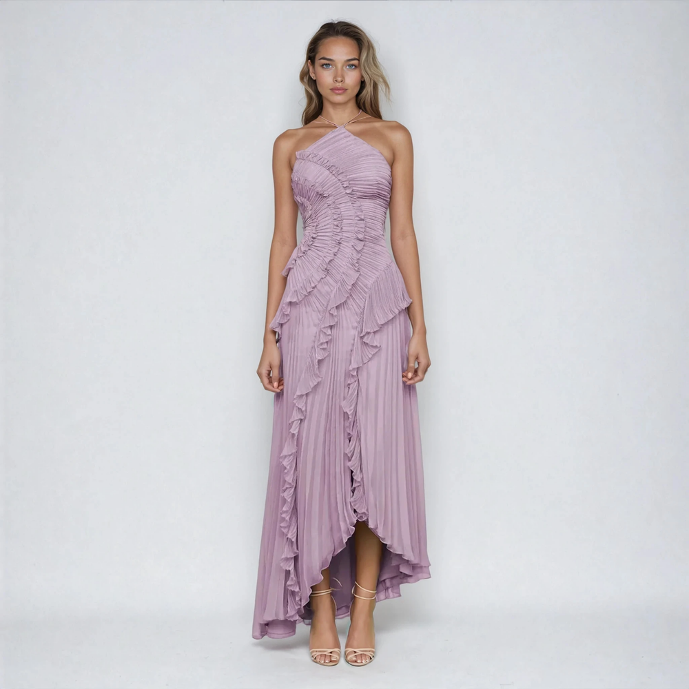 Elowen | Women's Purple Chiffon Pleated Ruffle Halter Hi-Low Maxi Dress Carol & Margaret Wilmington