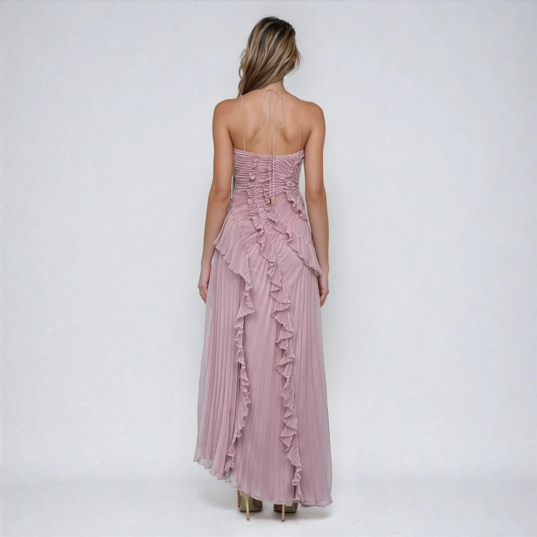 Elowen | Women's Purple Chiffon Pleated Ruffle Halter Hi-Low Maxi Dress Carol & Margaret Wilmington