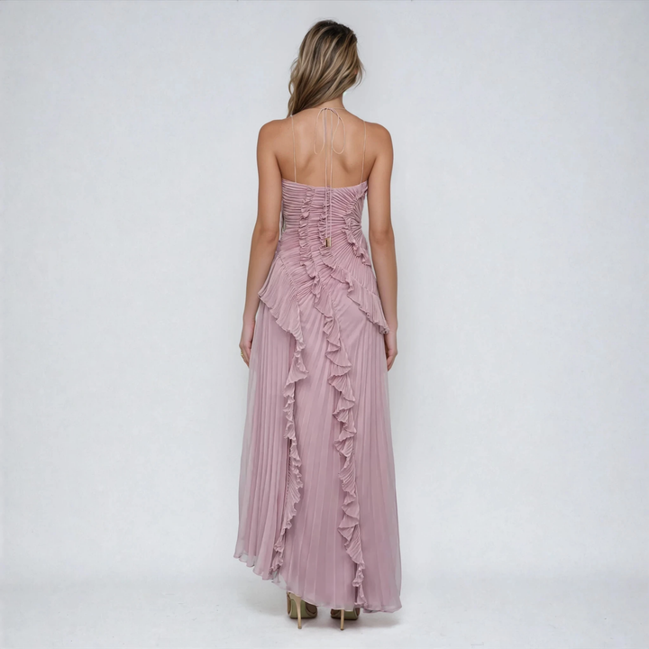Elowen | Women's Purple Chiffon Pleated Ruffle Halter Hi-Low Maxi Dress Carol & Margaret Wilmington