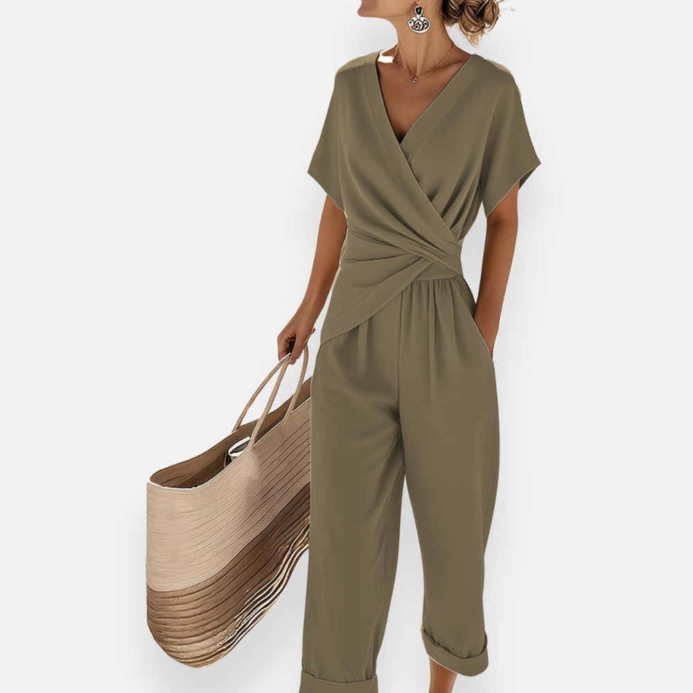 Elowen | Women's Stretch Wrap V-Neck Ruched Waist Pants Set Carol & Margaret Wilmington