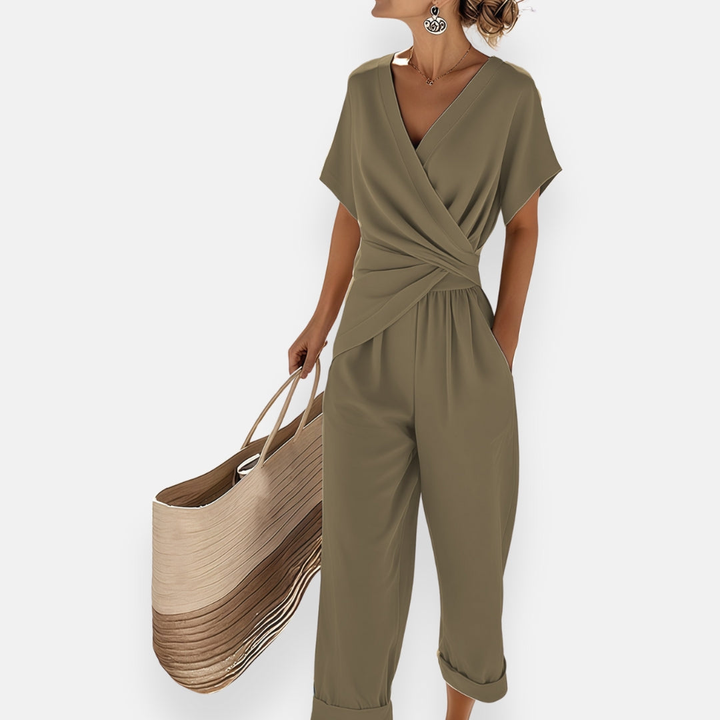 Elowen | Women's Stretch Wrap V-Neck Ruched Waist Pants Set Carol & Margaret Wilmington
