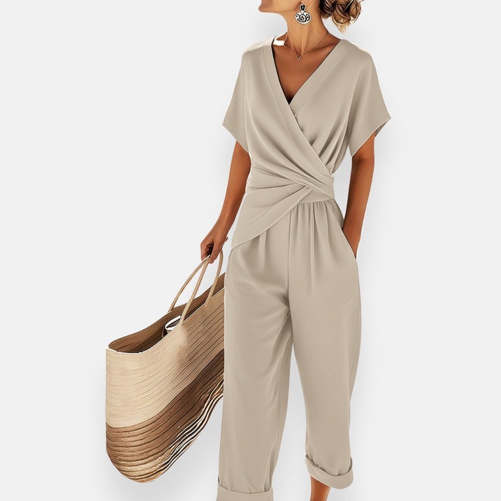 Elowen | Women's Stretch Wrap V-Neck Ruched Waist Pants Set Carol & Margaret Wilmington