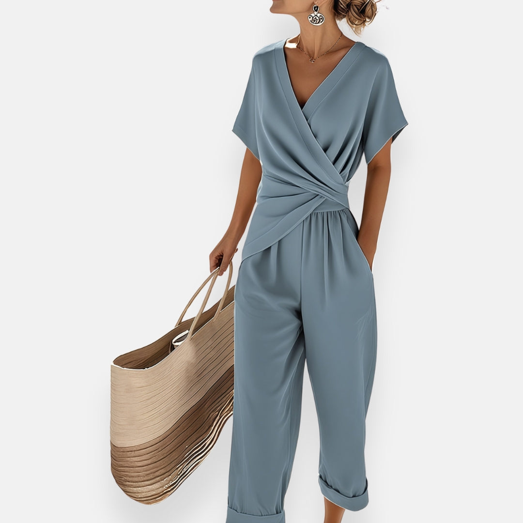 Elowen | Women's Stretch Wrap V-Neck Ruched Waist Pants Set Carol & Margaret Wilmington
