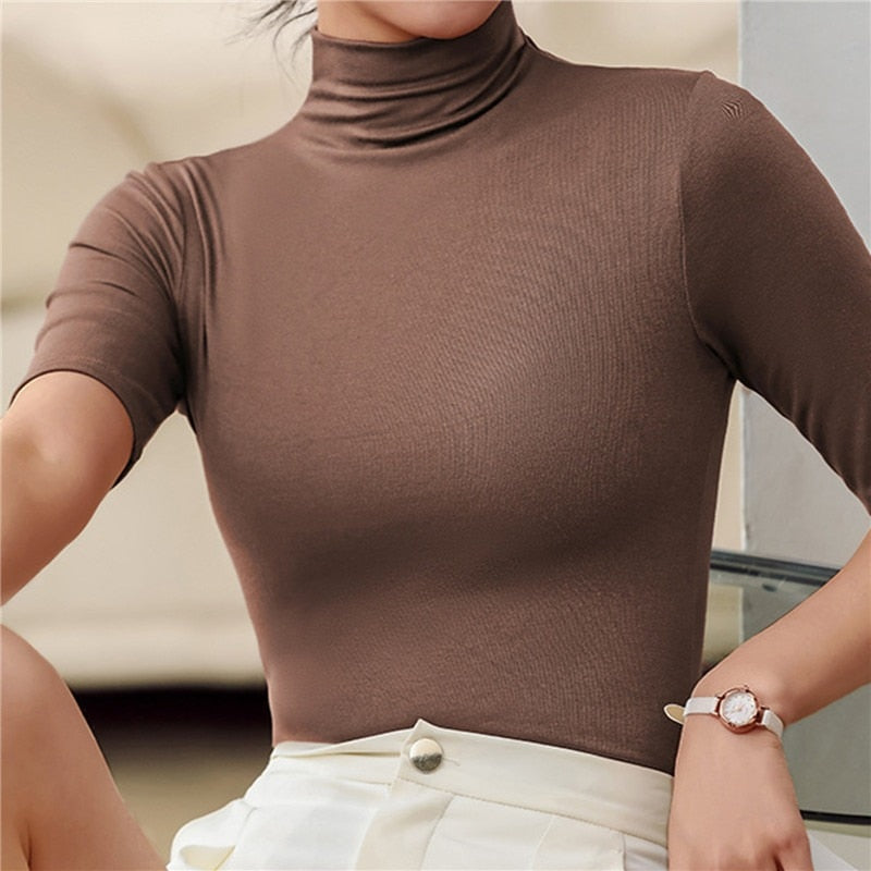 Ashleigh | Womens Lightweight Turtleneck Fitted Short Sleeve Top