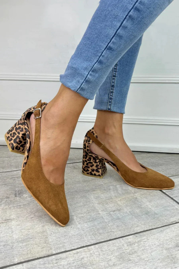 Fauna | Women's Brown Suede Leopard Print Block Heel Slingback Heels Carol & Margaret Wilmington