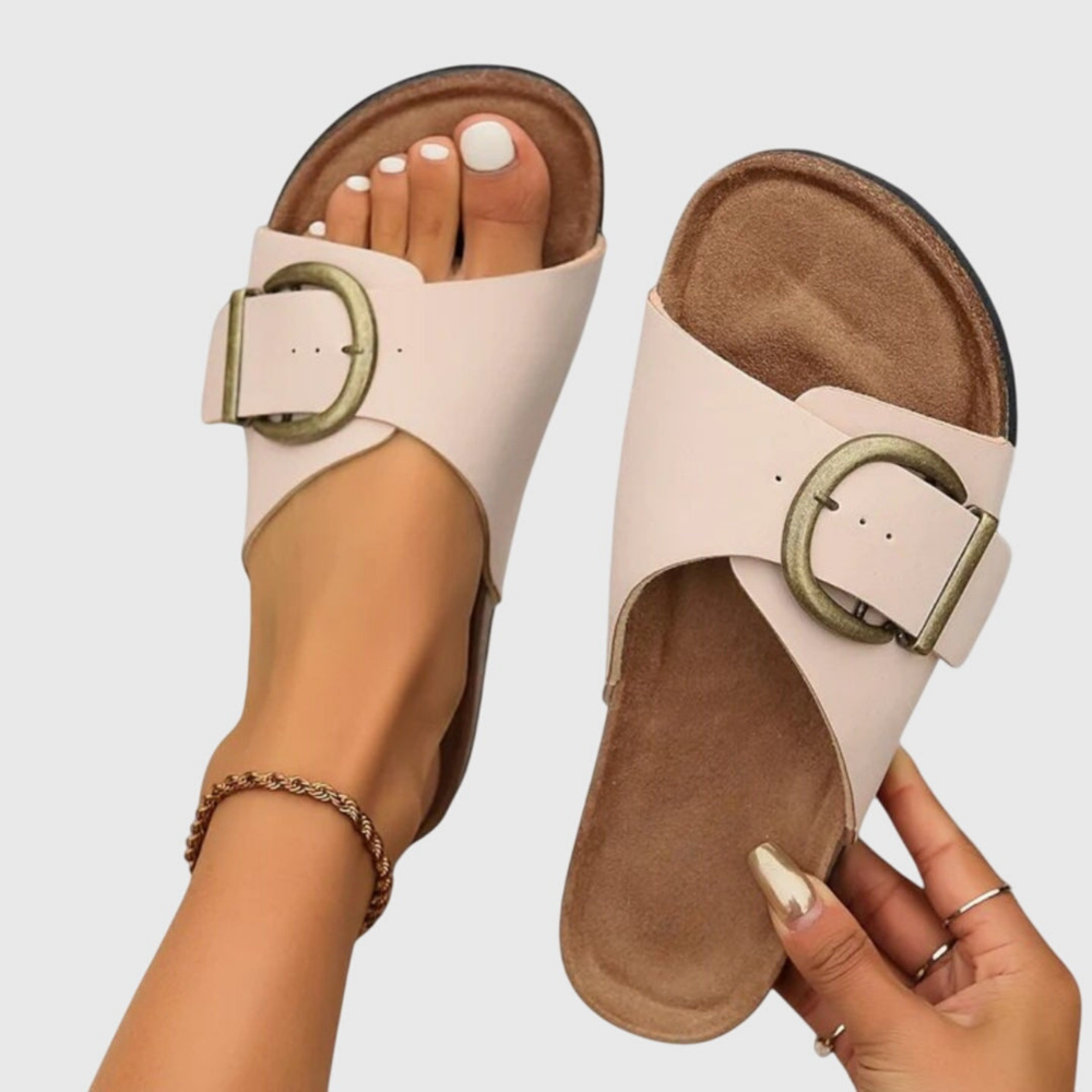Faye | Women's Leather Single Strap Oversized Buckle Cork Footbed Slides Carol & Margaret Wilmington