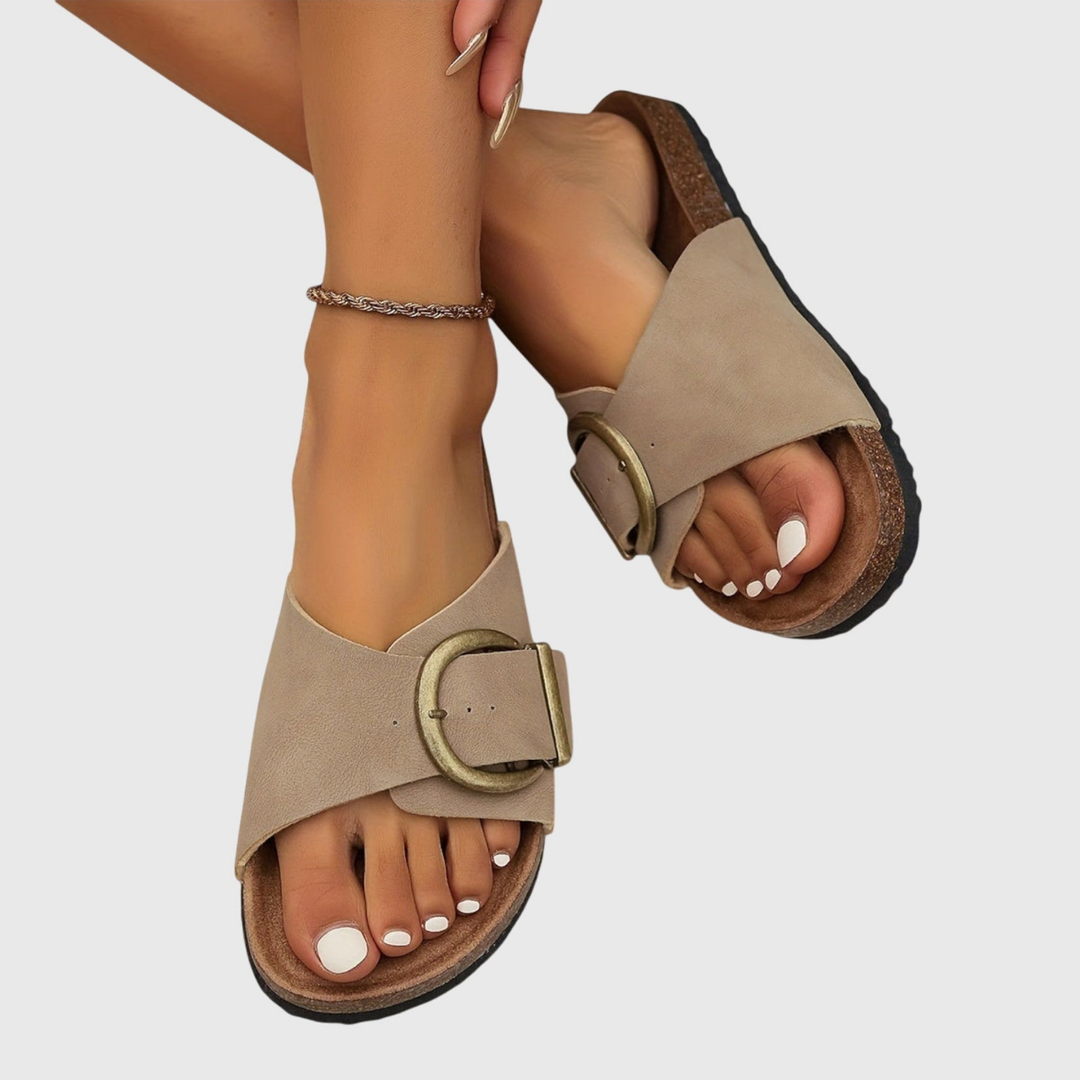 Faye | Women's Leather Single Strap Oversized Buckle Cork Footbed Slides Carol & Margaret Wilmington