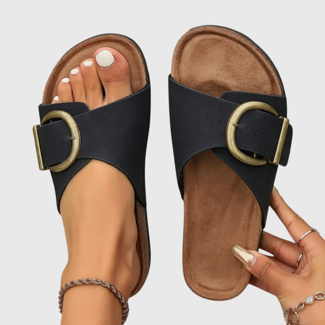 Faye | Women's Leather Single Strap Oversized Buckle Cork Footbed Slides Carol & Margaret Wilmington