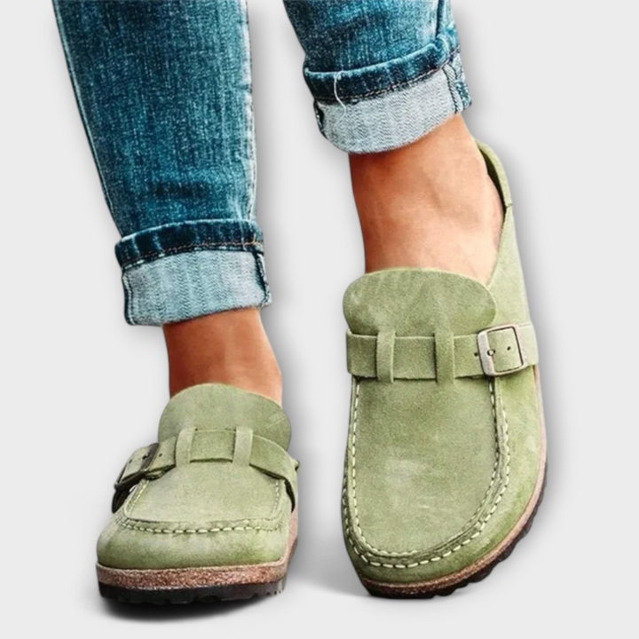 Fenna | Women's Suede Buckle Strap Slip-On Clogs Carol & Margaret Wilmington