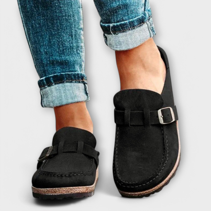 Fenna | Women's Suede Buckle Strap Slip-On Clogs Carol & Margaret Wilmington