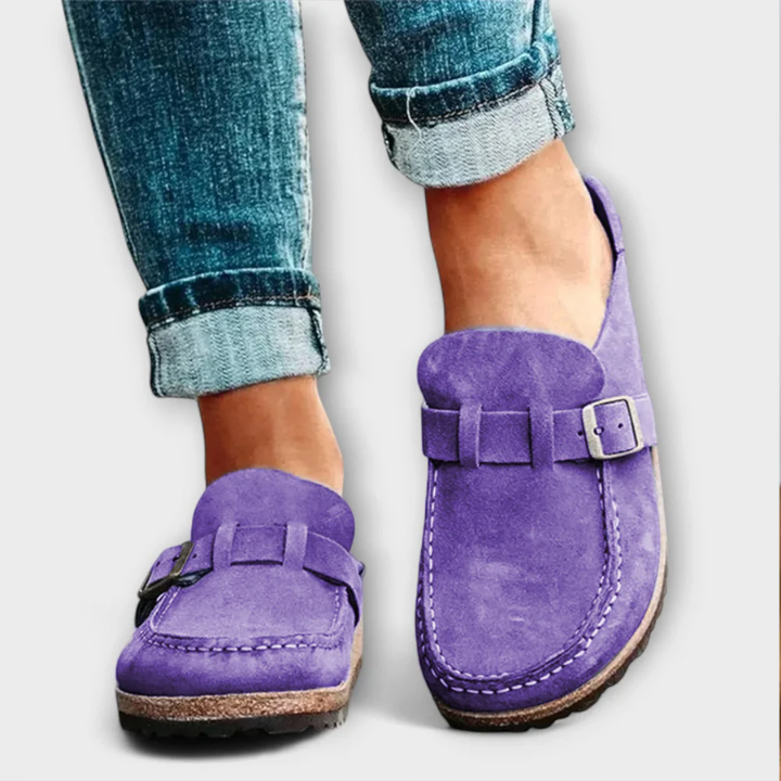 Fenna | Women's Suede Buckle Strap Slip-On Clogs Carol & Margaret Wilmington