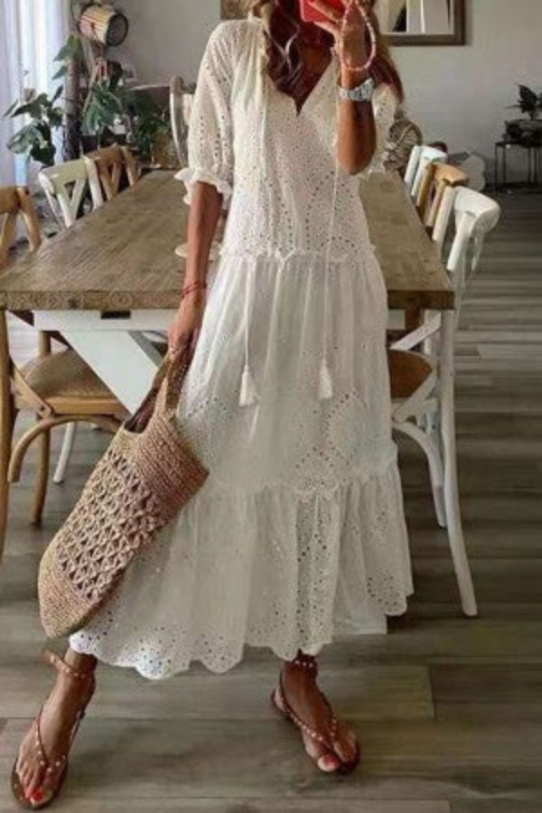 Flora | Women's Cotton Floral Tassel V-Neck Maxi Dress Carol & Margaret Wilmington