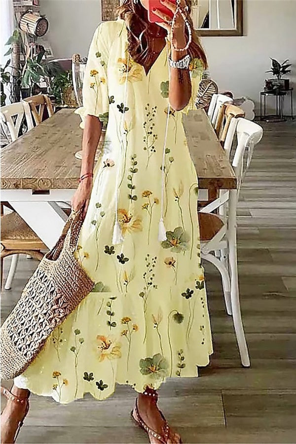 Flora | Women's Cotton Floral Tassel V-Neck Maxi Dress Carol & Margaret Wilmington