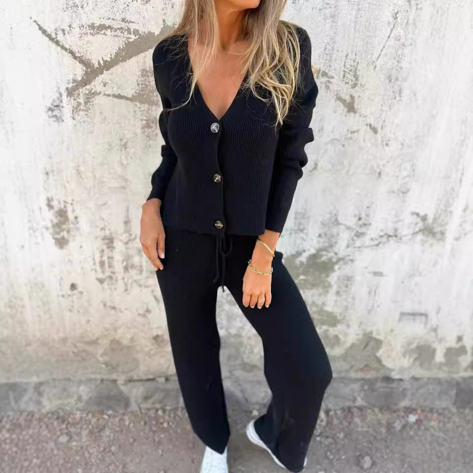 Carrington | Womens Casual Knit Co Ord Set With Ribbed Cardigan and Drawstring Trousers